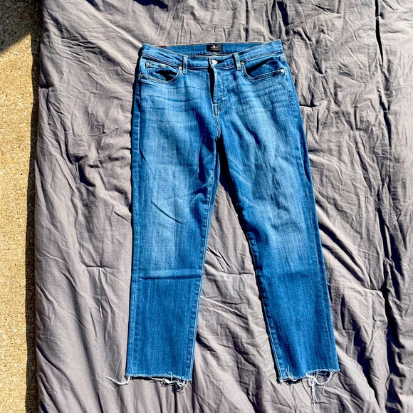 7 For All Mankind Denim - 7 for all Mankind Women’s Josefina Dark Blue Jeans Frayed Hems Straight